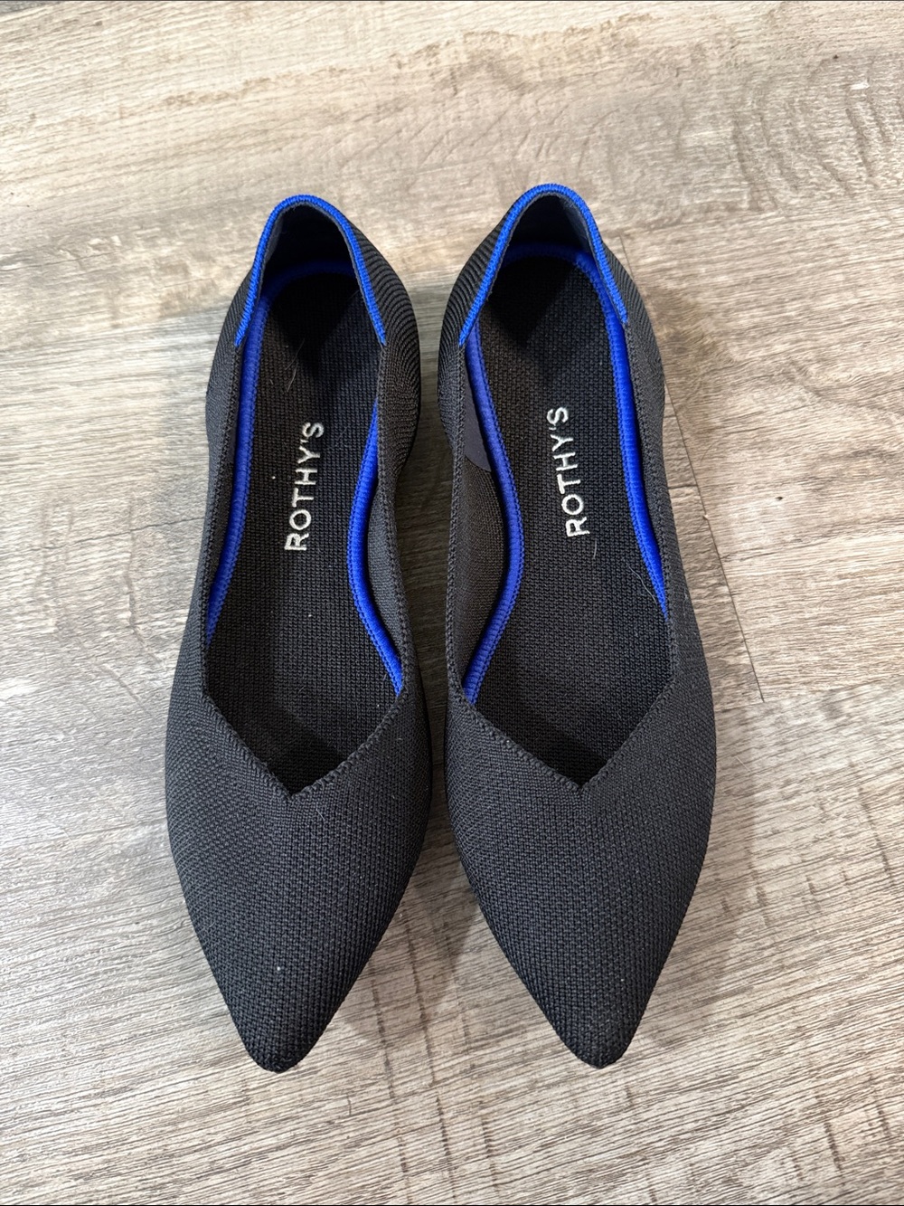 Rothy's Black Pointed Knit Flats with Blue Trim